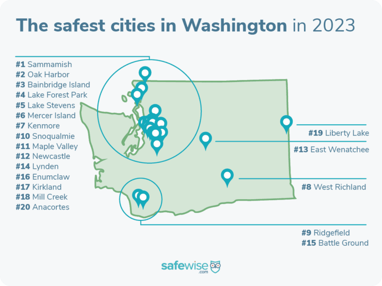 Map of 20 safest cities in state of Washington
