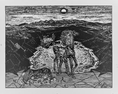 Image of print art piece depicting dying horse.