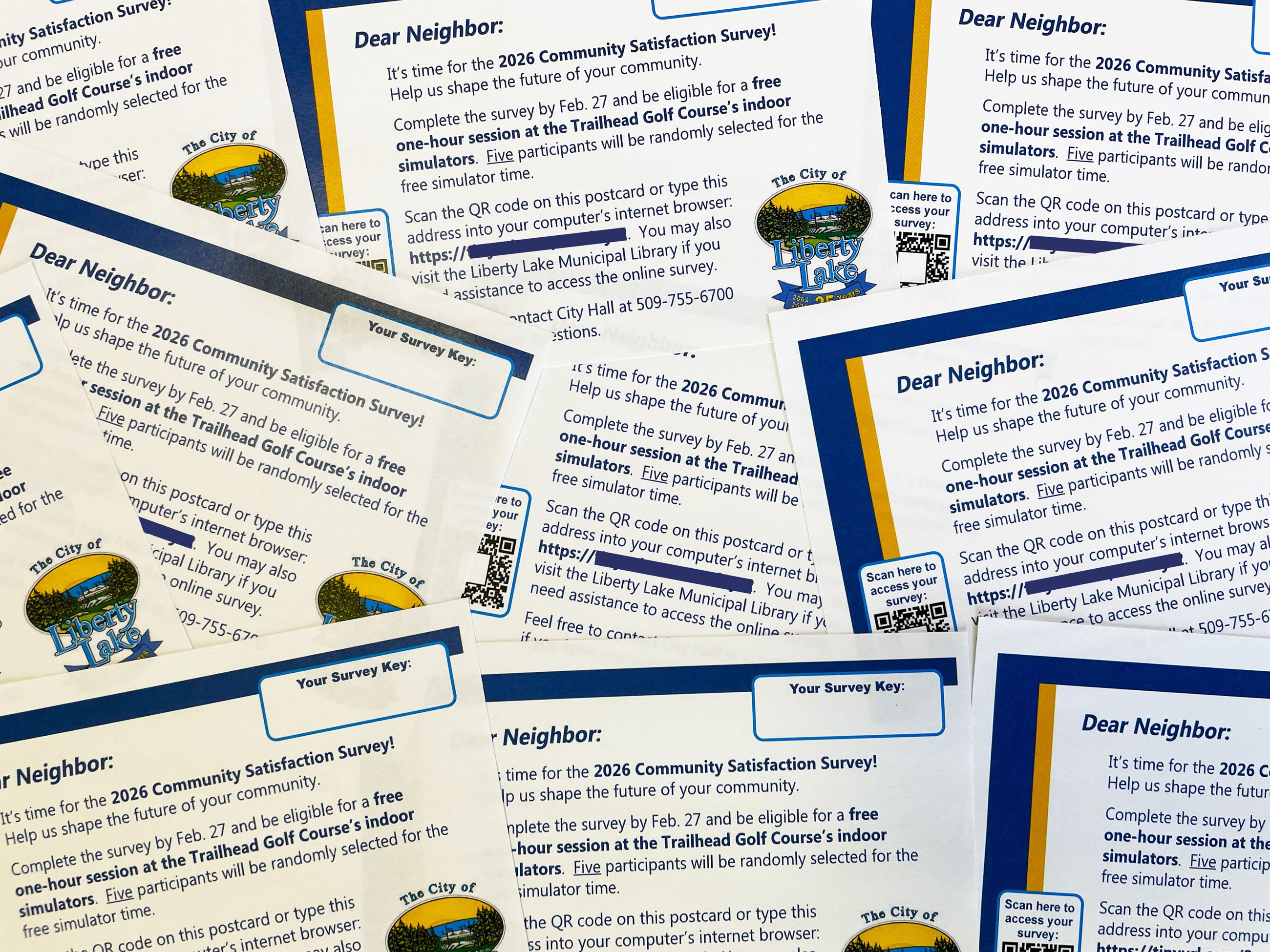 Group of 2026 Liberty Lake Community Satisfaction Survey mailer cards